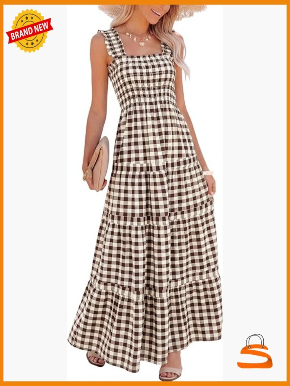 Womens Maxi Dress Smocked Square Neck A-Line Flowy Boho Sleeveless Casual Beach